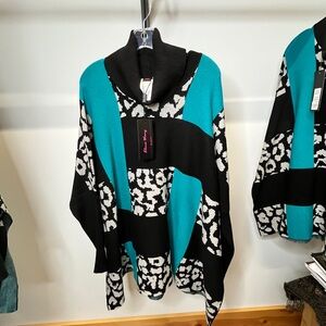 Cowl Neck Colorblock Leopard Poncho- Teal & Black